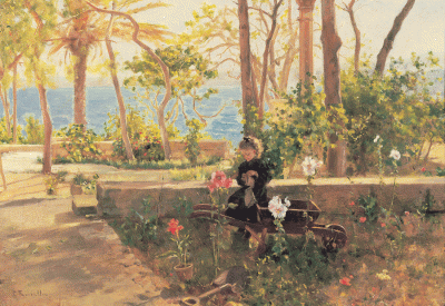Rosselló Miralles, <i>Joveneta cosint a un jardí</i>, c.1900